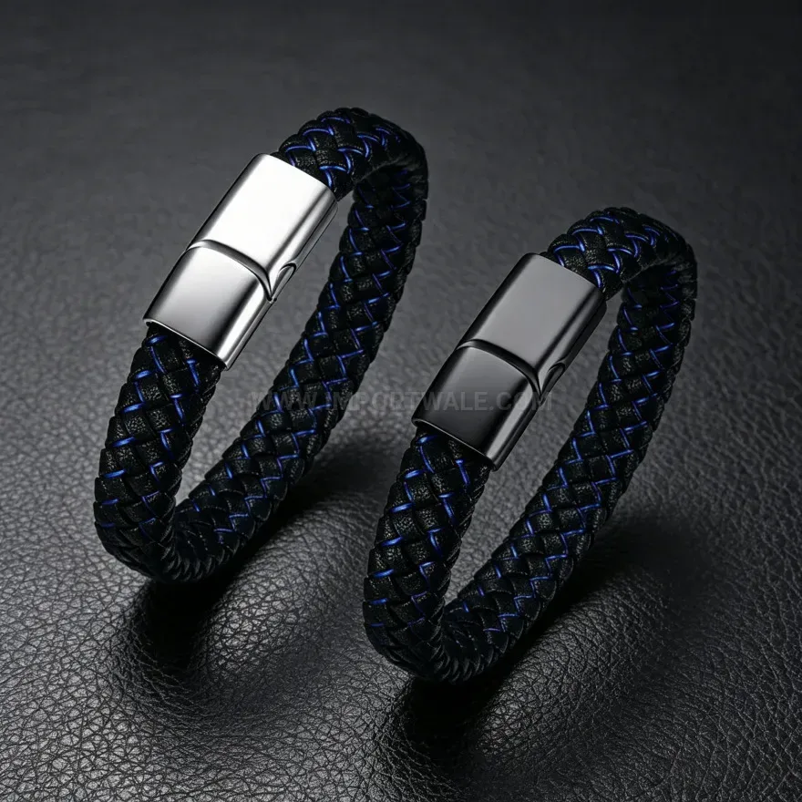 Designer Medical Alert Leather Bracelet with Stainless Steel Magnetic Clasp