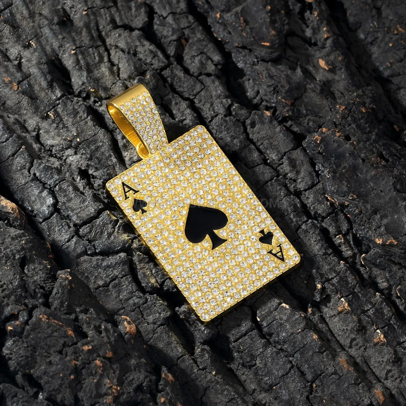 Rhinestone Ace of Spades Playing Card Cuban Link Pendant