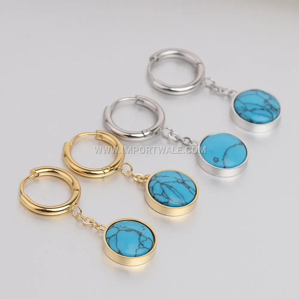 Gold Plated Stainless Steel Huggie Hoop Earrings with Turquoise Pendant