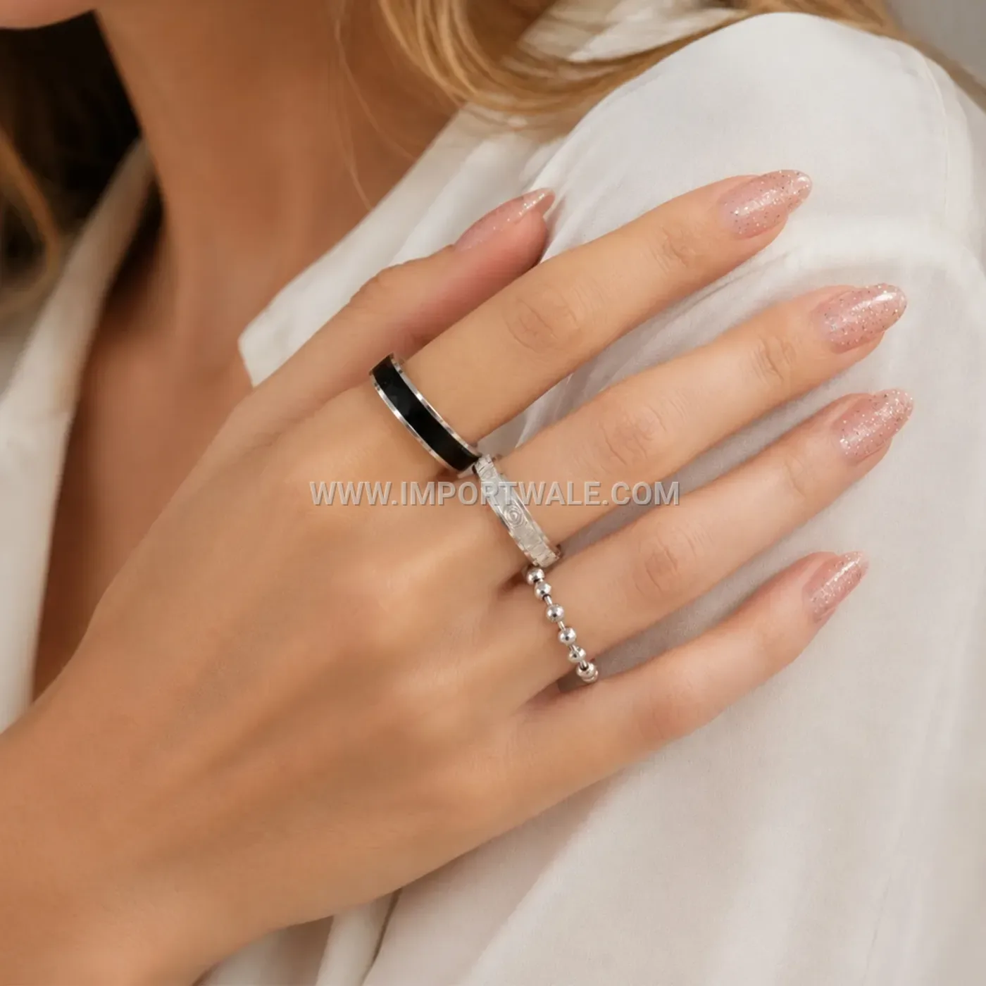 Rotatable Crystal Stainless Steel Stacking Ring Set