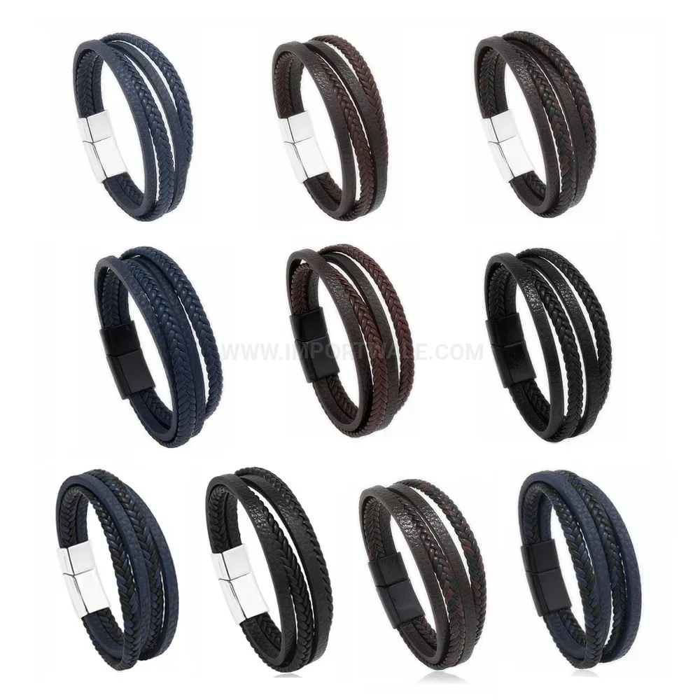 Stylish Handcrafted Braided Leather Wristband With Alloy Magnetic Clasp