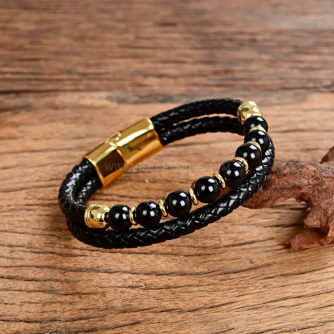 Double Layer Braided Leather Stone Bead Bracelet with Stainless Steel Clasp