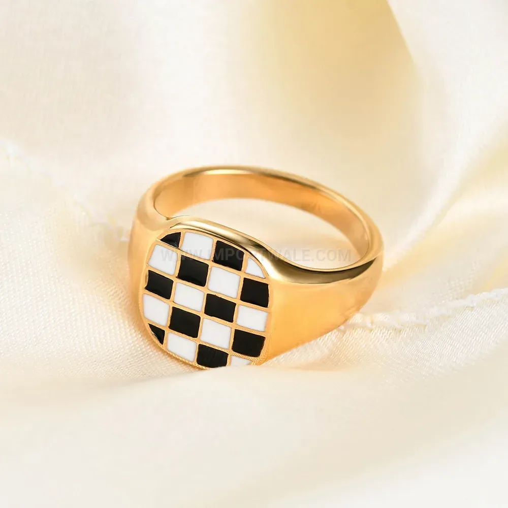 Wide Square Checkerboard Enamel Stainless Steel Ring
