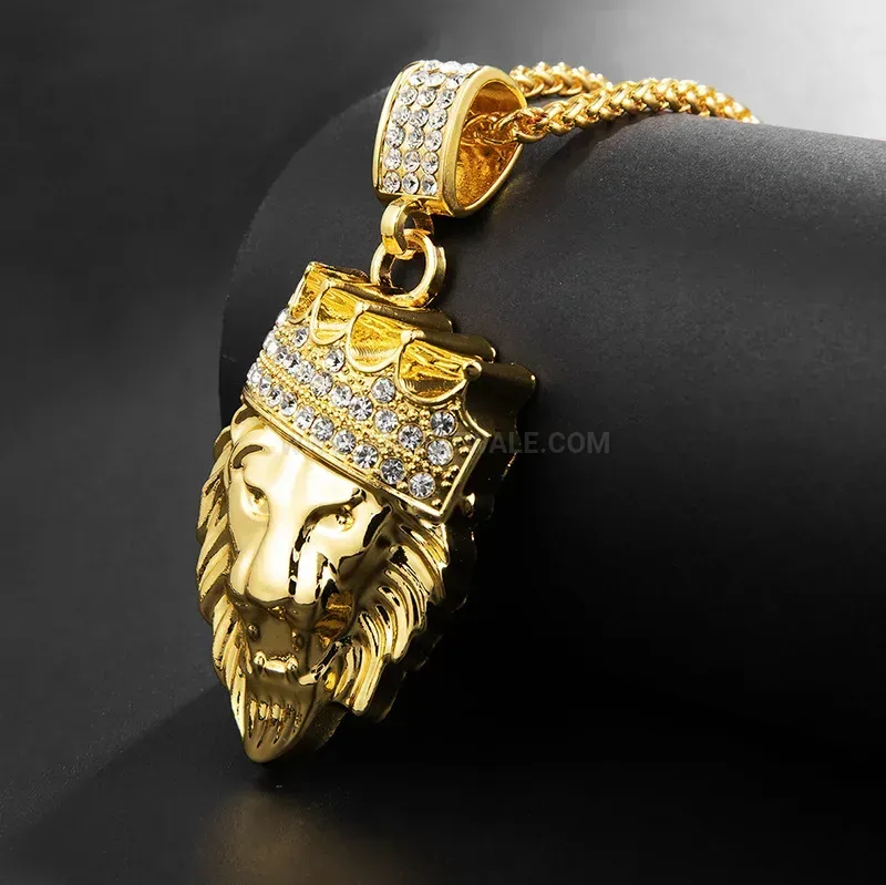 Fashion Crowned Lion Head Rhinestone Long Alloy Pendant Necklace