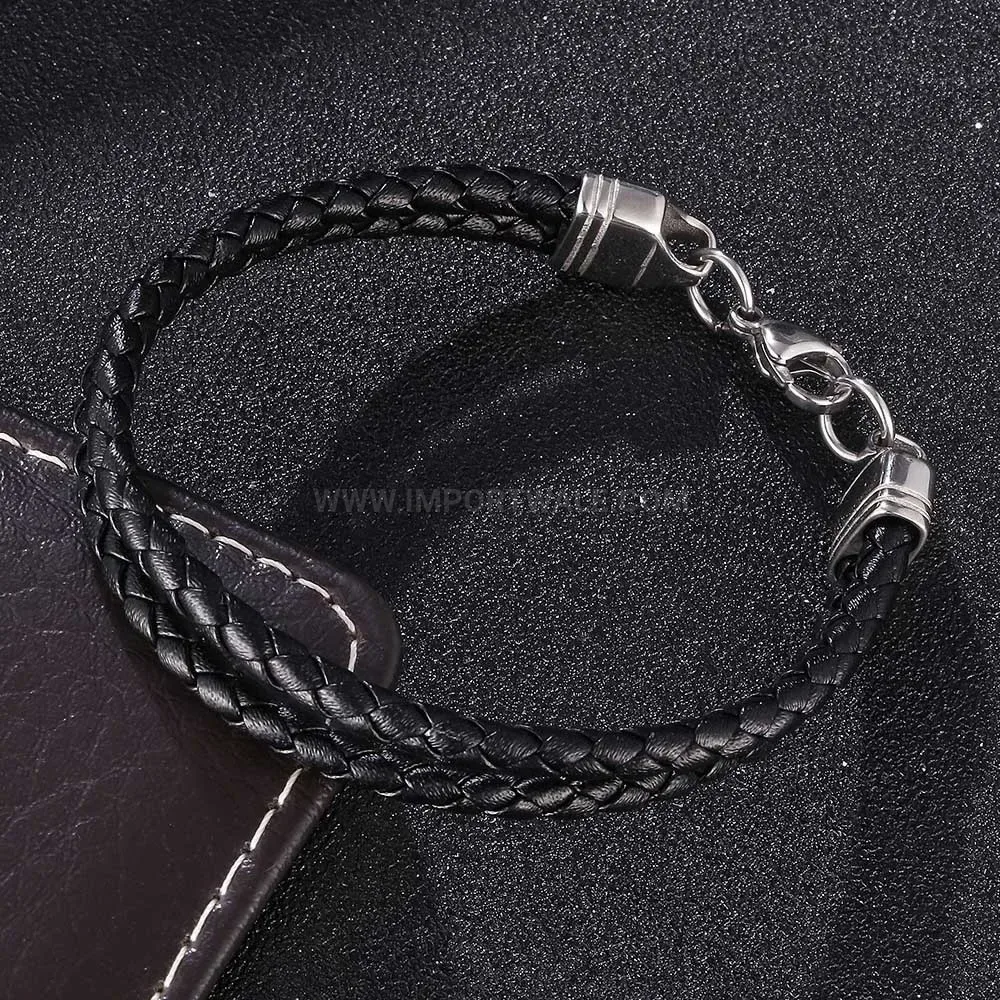 Classic Black Leather Cord Stainless Steel Bracelet