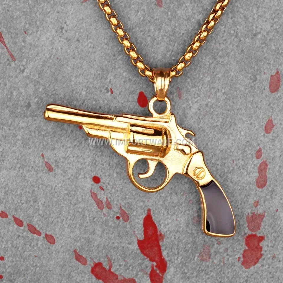 Gold Stainless Steel Pistol Pendant with Resin Inlay