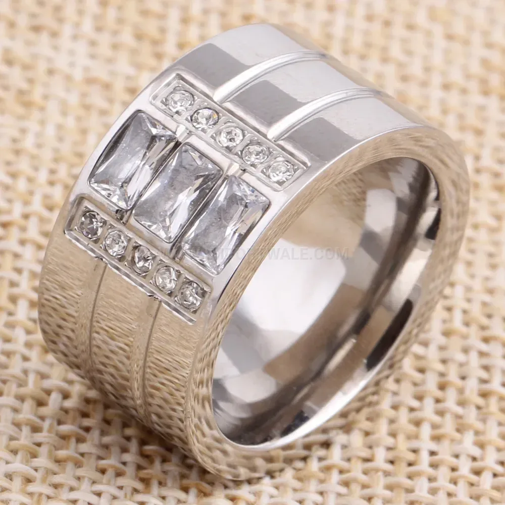 Wide Triple Row Zirconia Splice Stainless Steel Ring