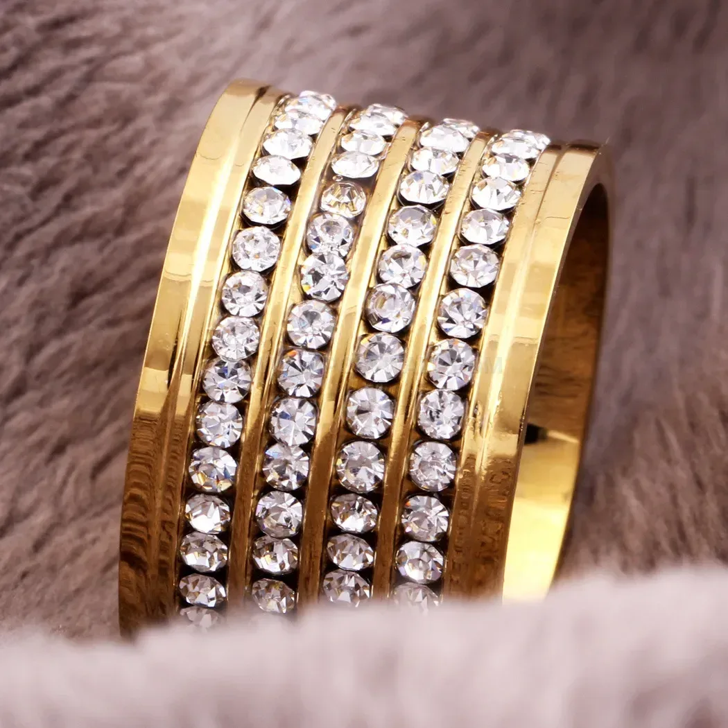 Four-Row Gemstone Titanium Steel Wide Statement Ring