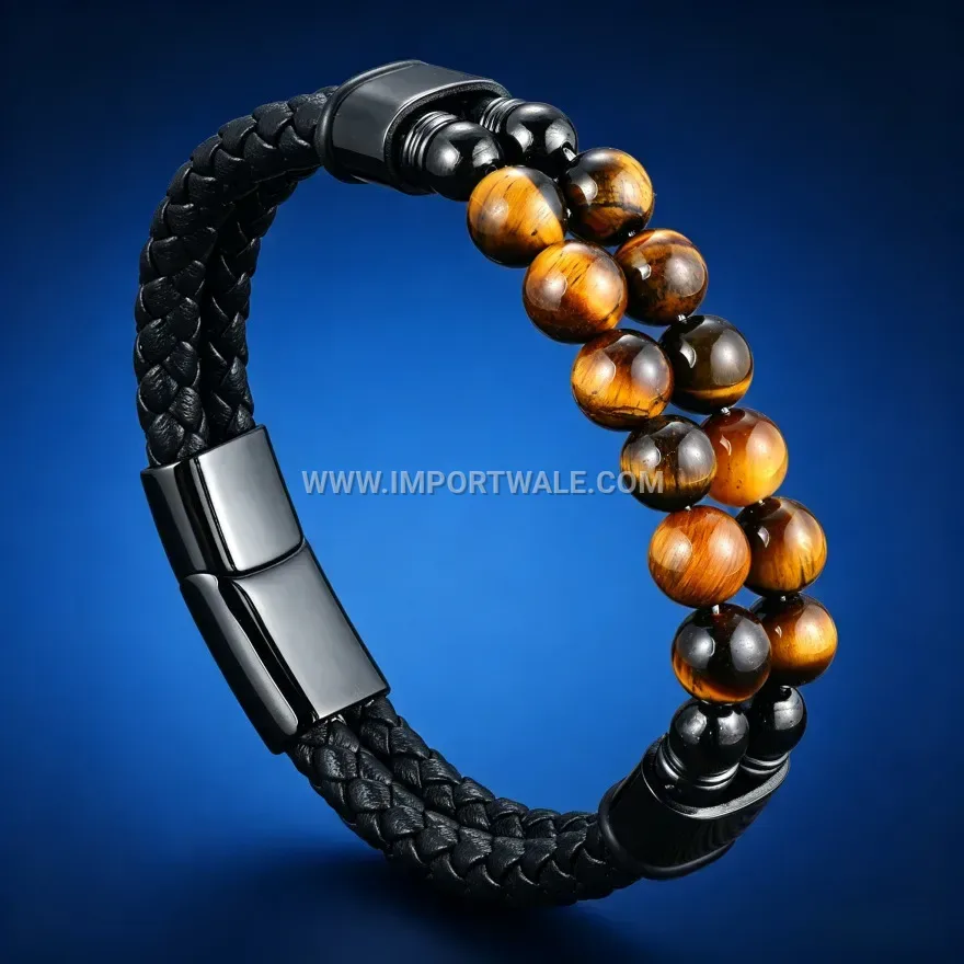 Braided Leather Wristband with Tiger Eye Stone and Magnetic Clasp