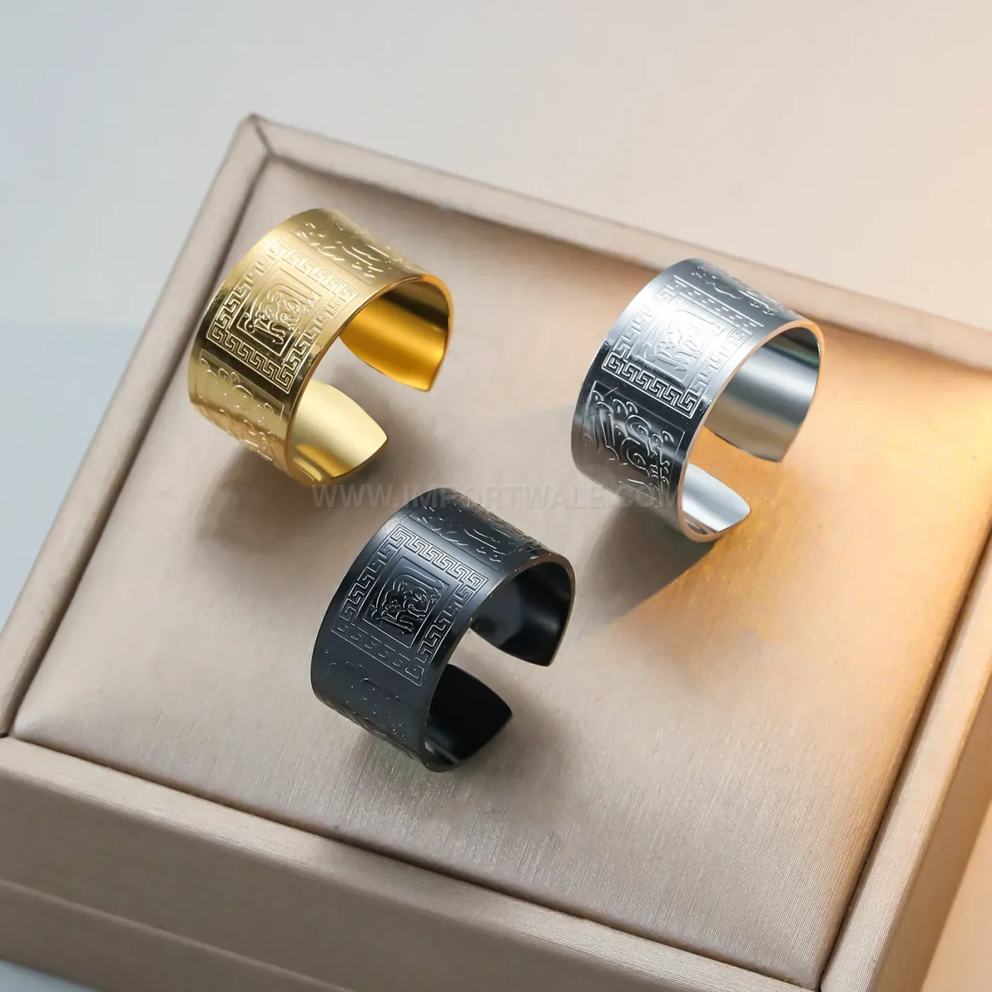 Modern Embossed Greek Key Meander Adjustable Stainless Steel Open Ring