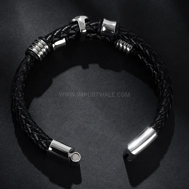 Trendy Double Strand Leather Bangle Bracelet With Stainless Steel Ghost Motif