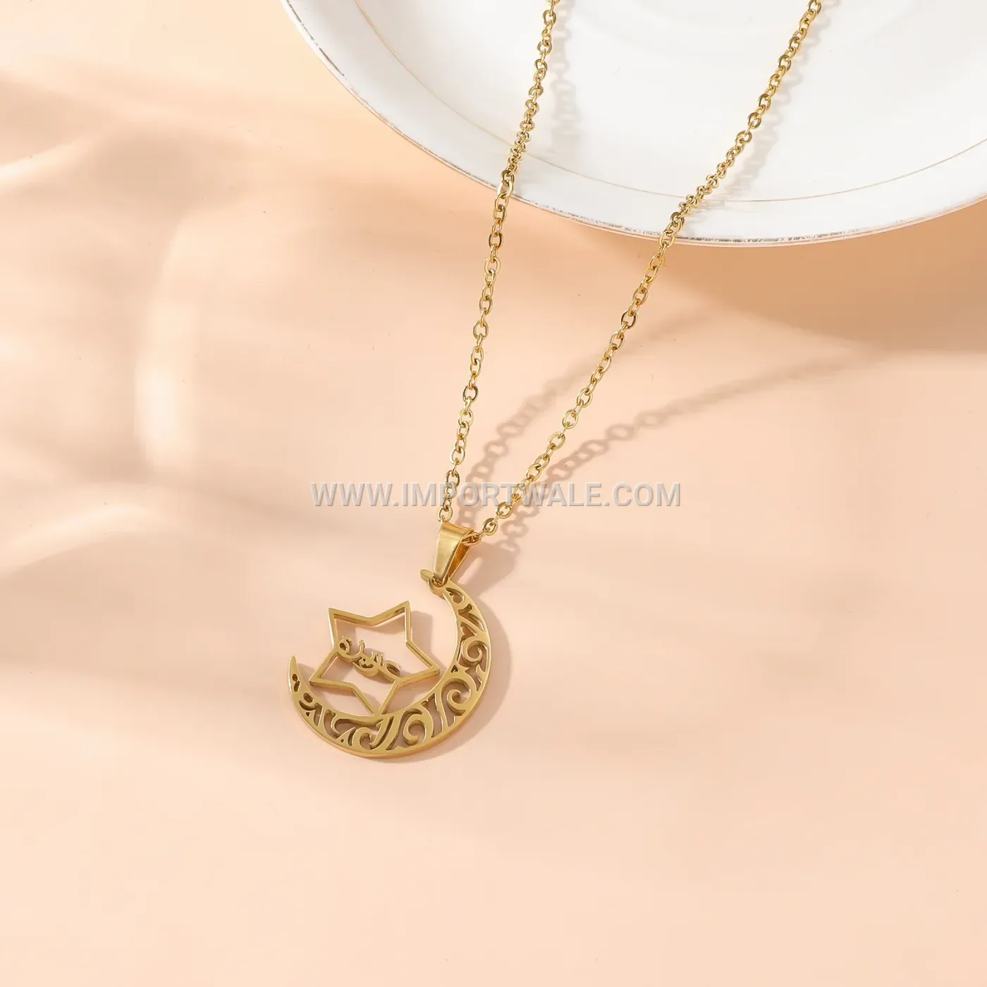 Delicate Stainless Steel Celestial Moon and Stars Pendant Necklace