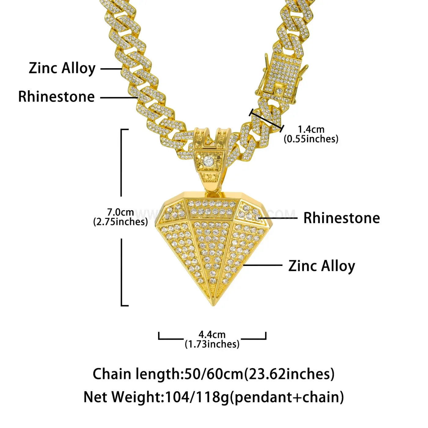 Iced Out Rhombus Diamond Zinc Alloy Hip Hop Pendant Necklace