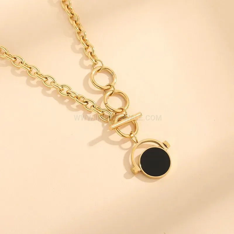 Bold Gold Plated Titanium Steel Rotating Circular Medallion Tassel Necklace