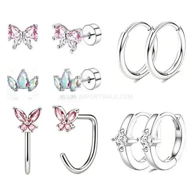 Elegant Pink Floral Cubic Zirconia Flat Back Stainless Steel Earring Set