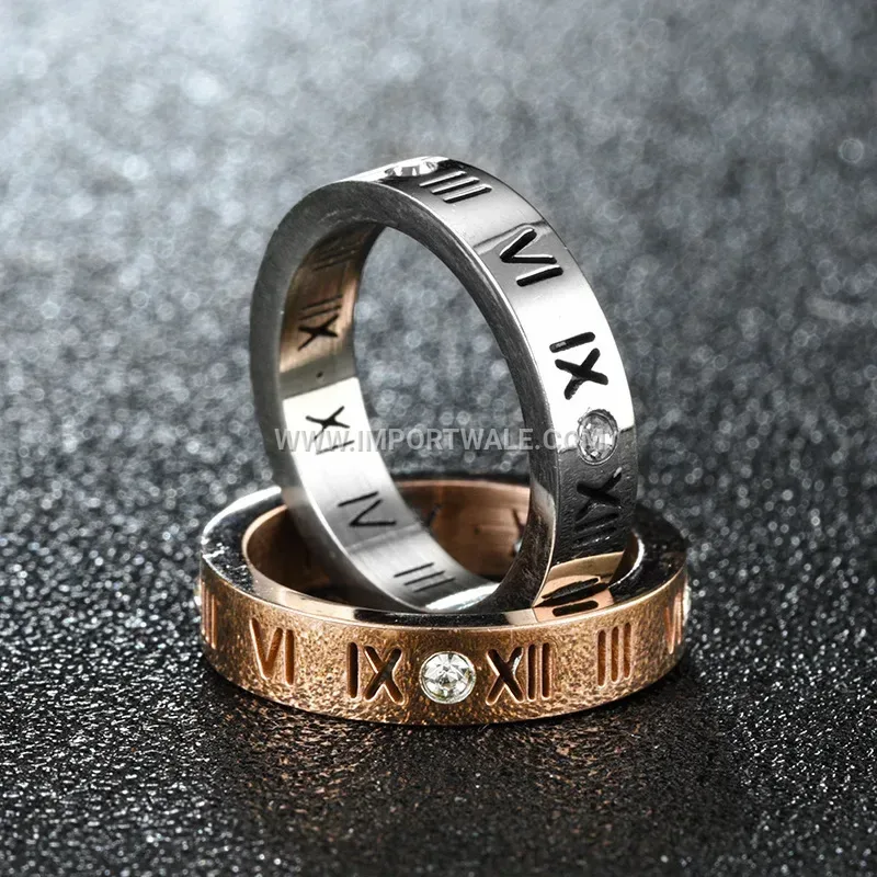Stainless Steel Roman Numeral Crystal Inlaid Band Ring