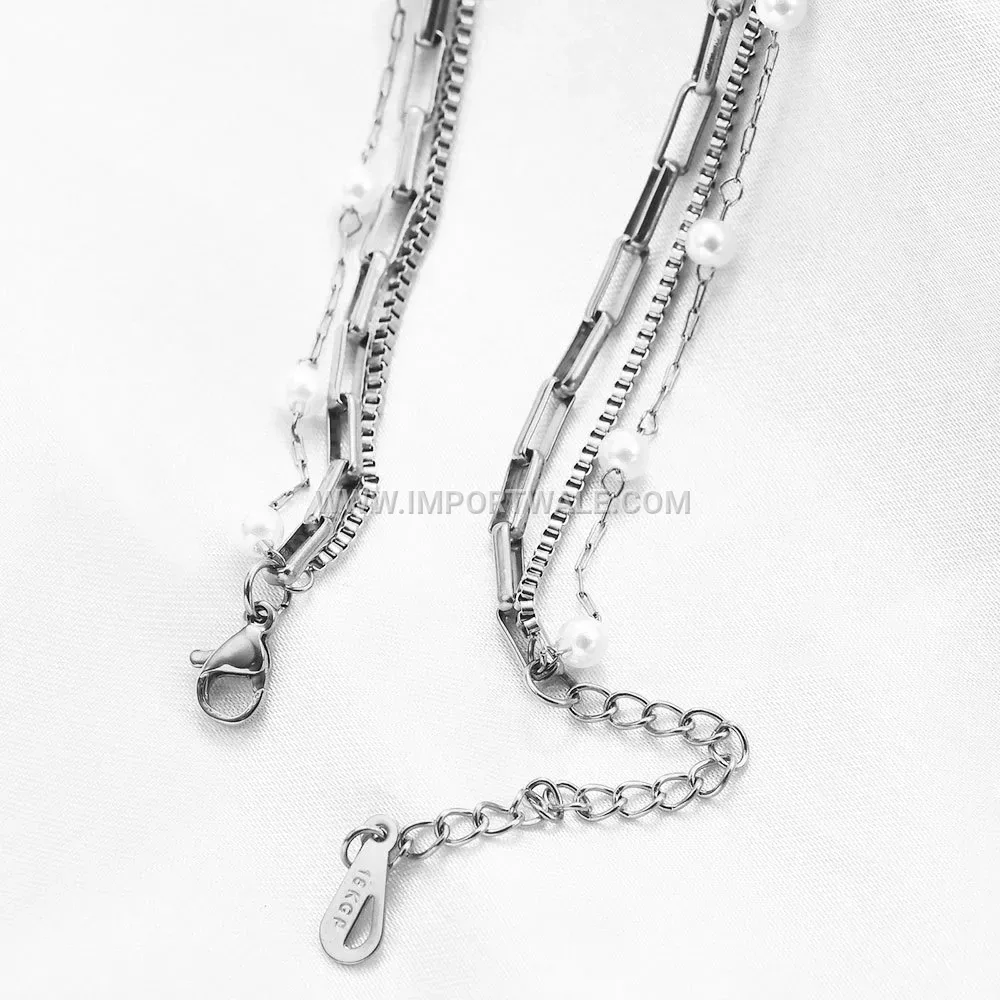 Layered Stainless Steel Chain Necklace with Pearl Accent