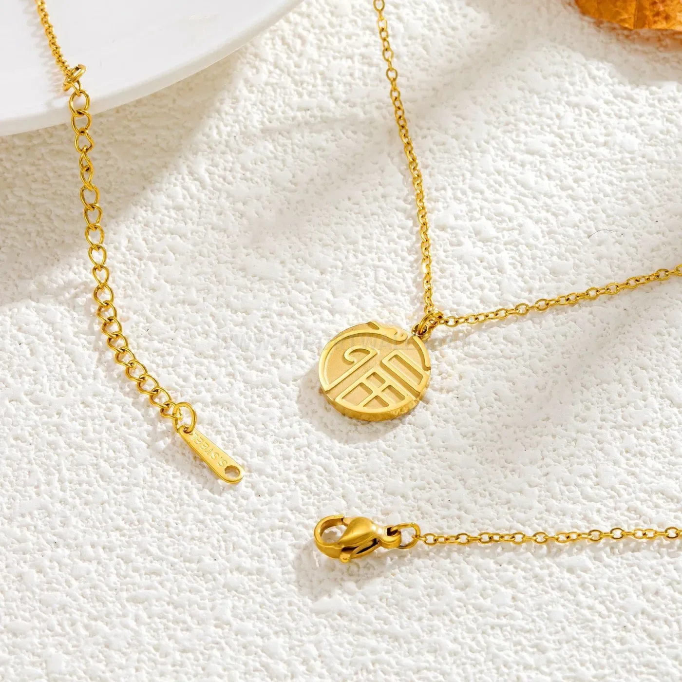Gold Titanium Steel Dragon Blessing Tag Pendant Necklace