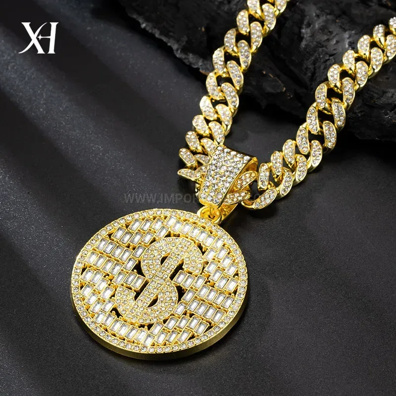 Dollar Sign Coin Medallion Pendant Chunky Cuban Chain Necklace