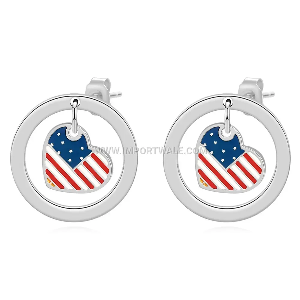 Hollow Heart Stainless Steel Flag Motif Circle Drop Earrings