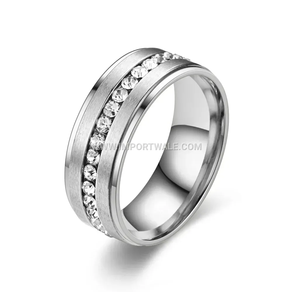 Matte Stepped Stainless Steel Eternity Band Ring with Crystals
