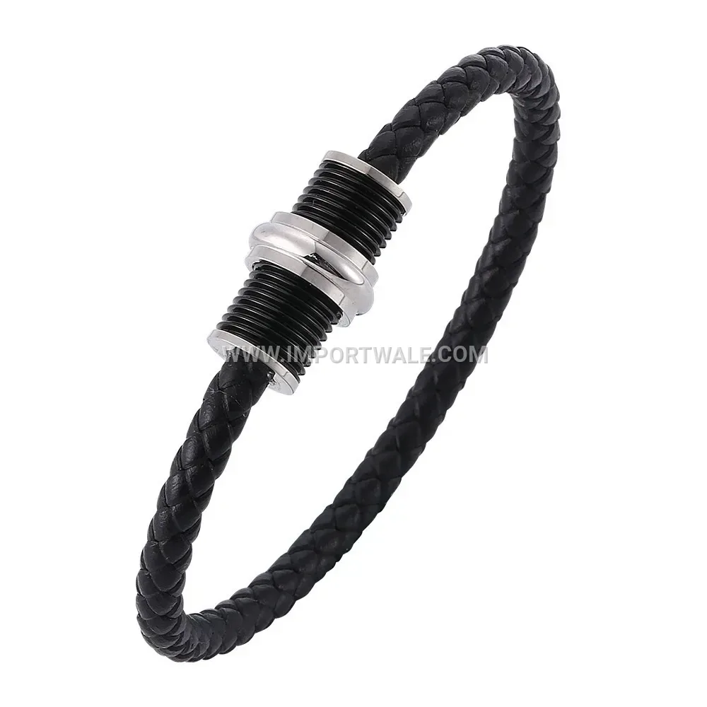 Single Strand Black Leather Cuff with Twist Magnetic Lock
