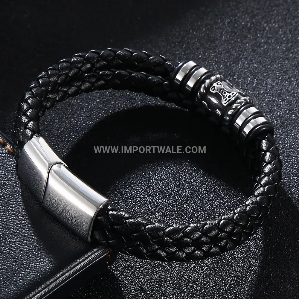 Classic Genuine Leather Cord Bracelet with Stainless Steel Magnetic Clasp