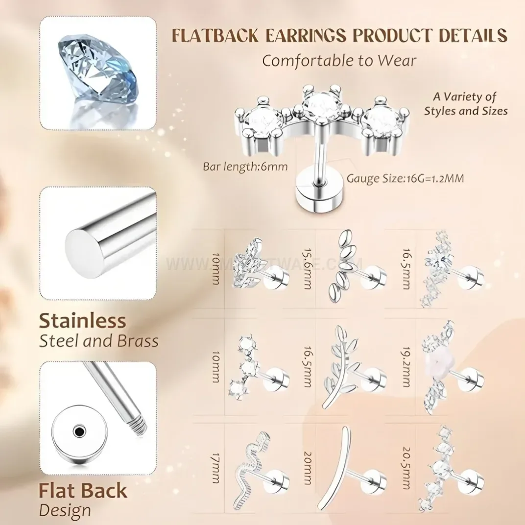 Premium Stainless Steel Celestial Star Flat Back Piercing Stud Set