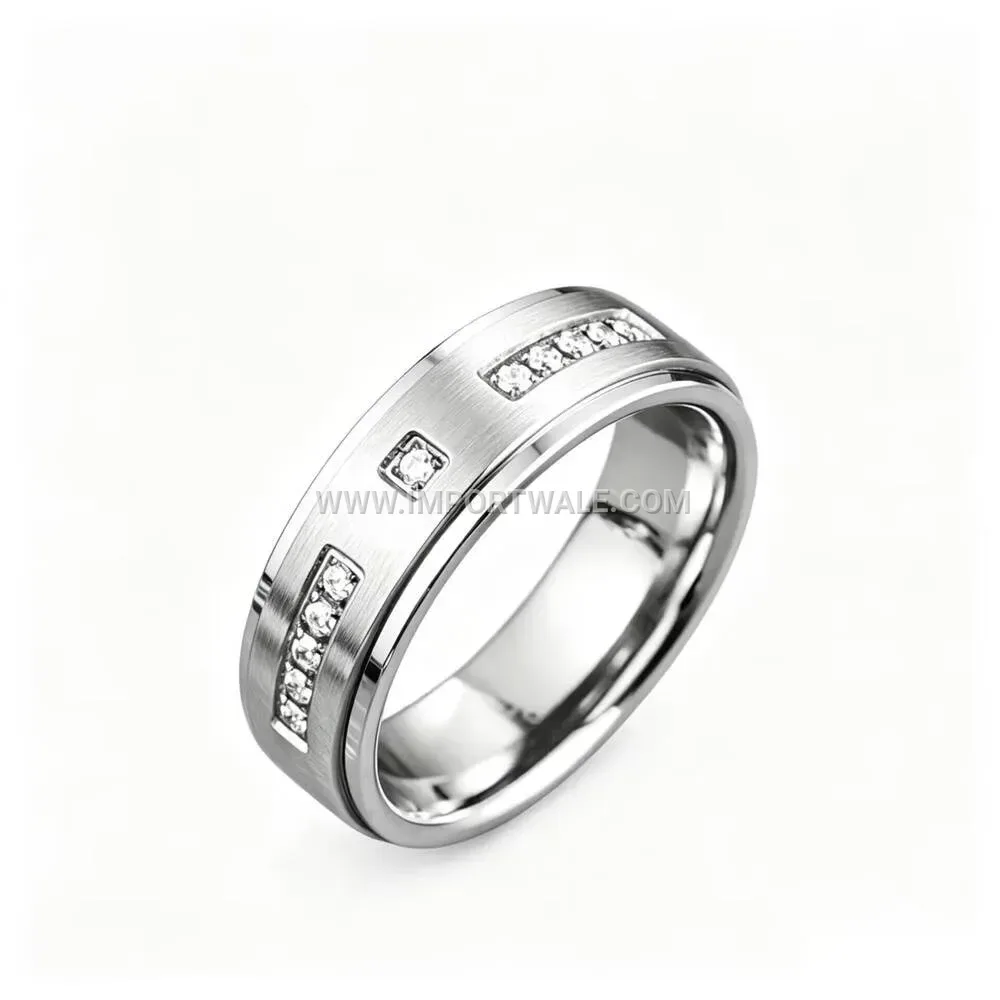 Zircon Accented Stainless Steel Engagement Band Ring