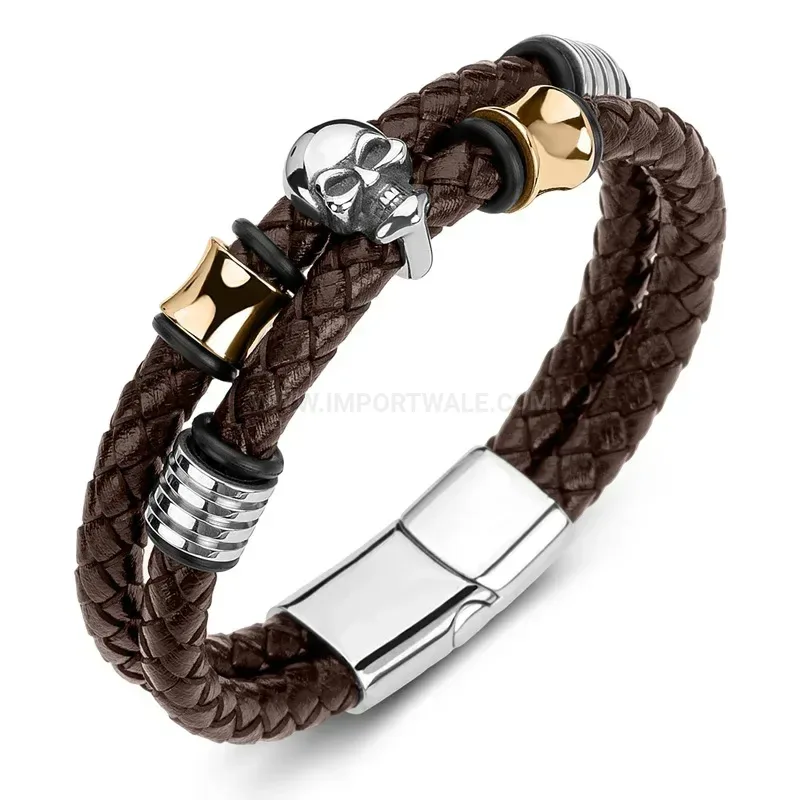 Elegant Handcrafted Double Layer Leather Skull Bracelet in Stainless Steel
