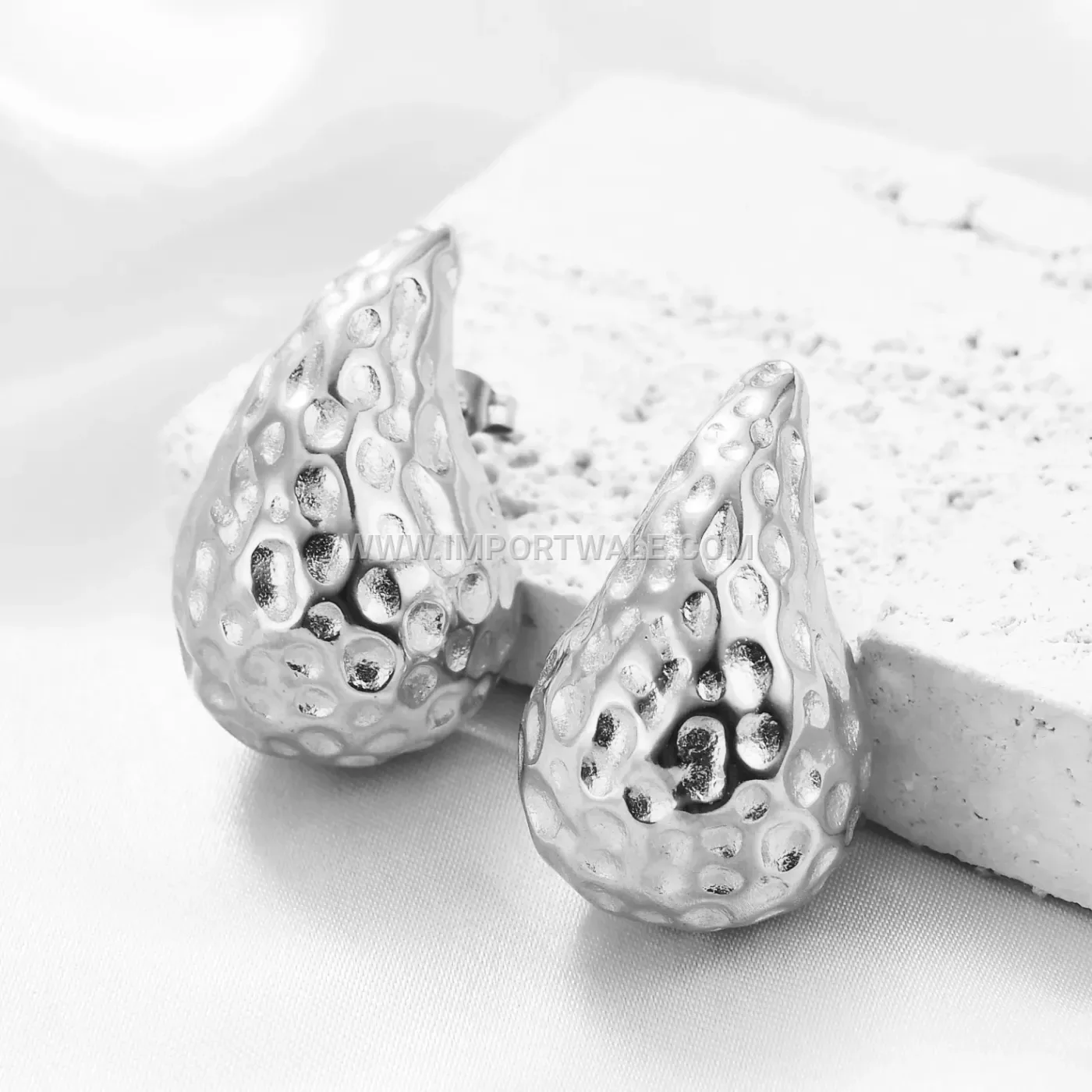 Hammered Stainless Steel Teardrop Huggie Hoop Earrings