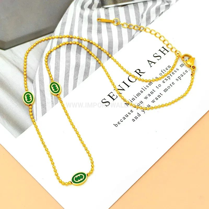 Gold Plated Titanium Steel Green Enamel Letter C Ball Chain Necklace