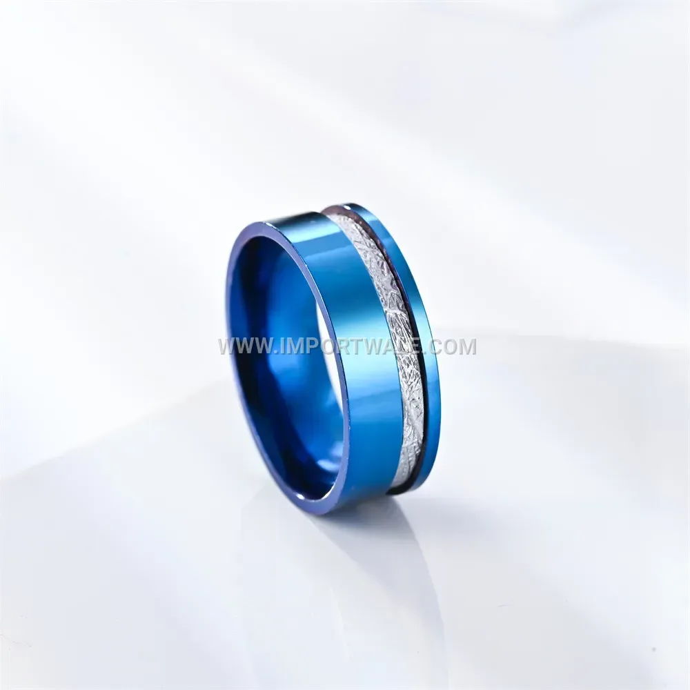 Narrow Blue Silk Textured Stainless Steel Ring