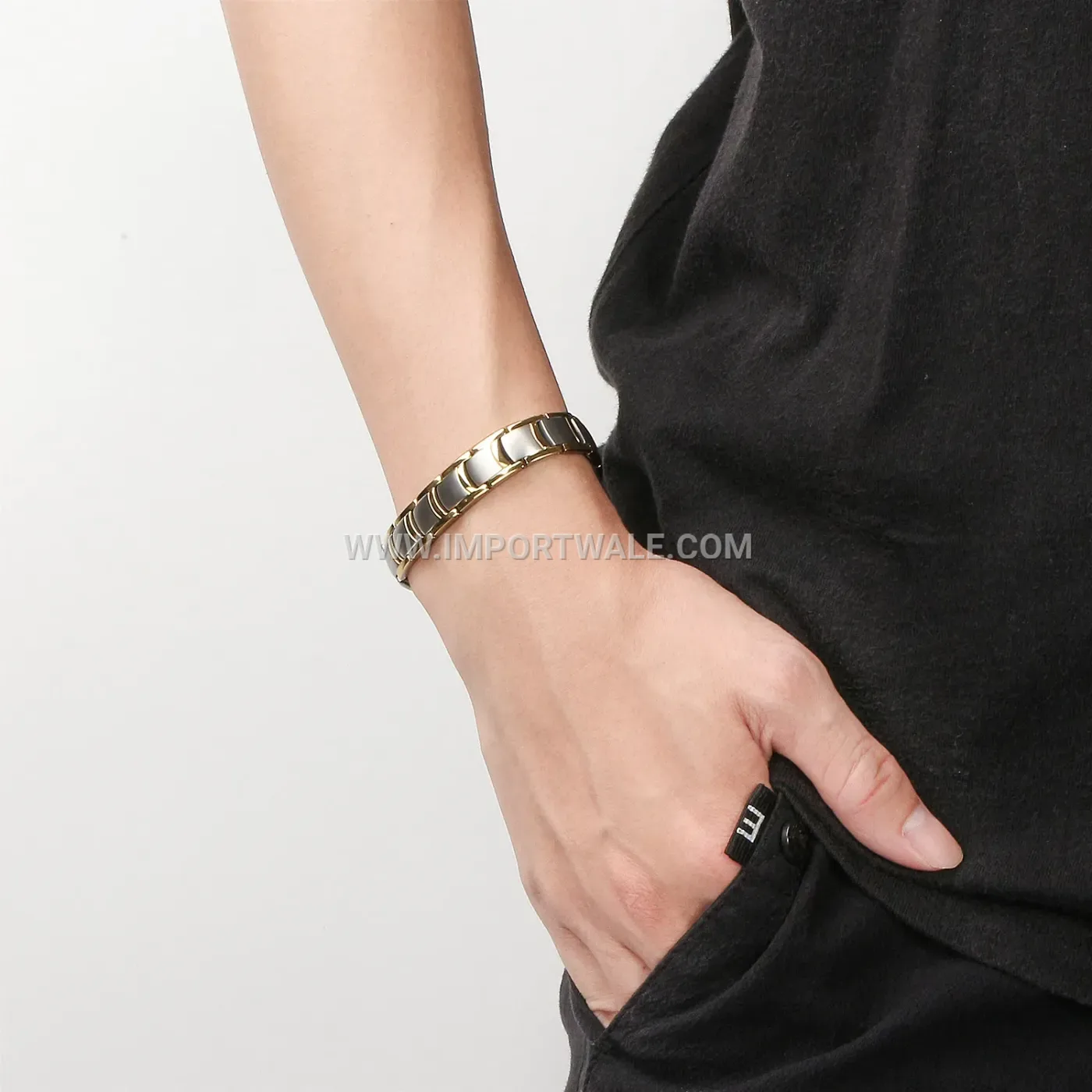 Geometric Gold Accent Stainless Steel Magnetic Link Bracelet