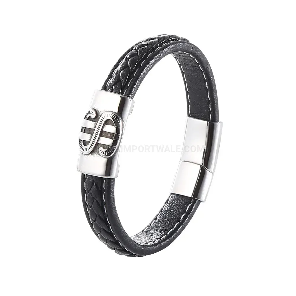 Braided Genuine Leather Wristband with Stainless Steel Clasp