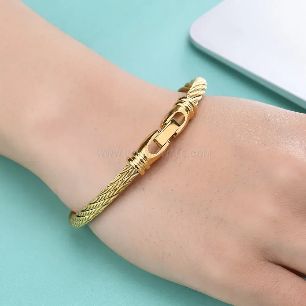 Classic Twisted Stainless Steel Wire Cable Bangle With Clasp Accent