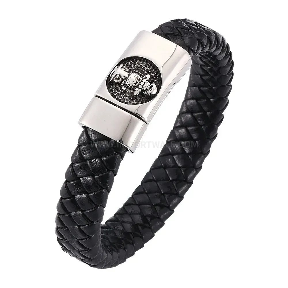 Woven Black Leather Wristband with Stainless Steel Accent Clasp