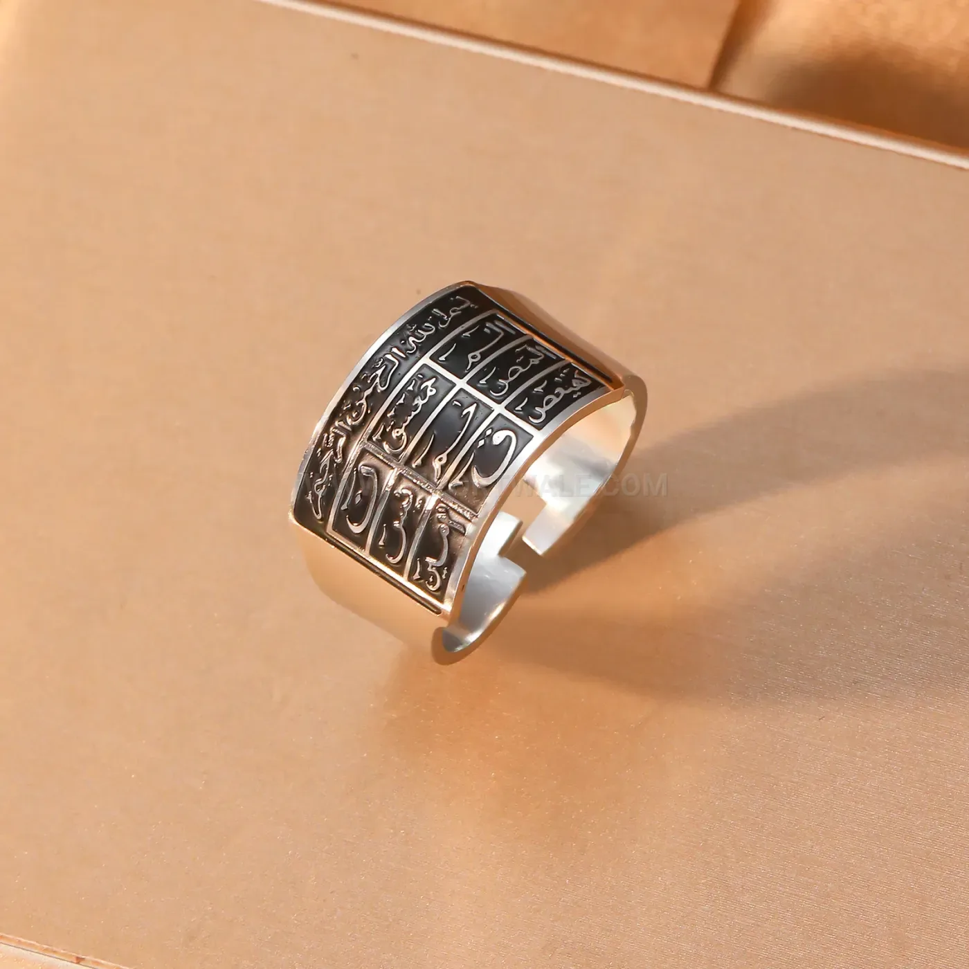 Classic Stainless Steel Wide Band Calligraphy Ring with Gold Finish