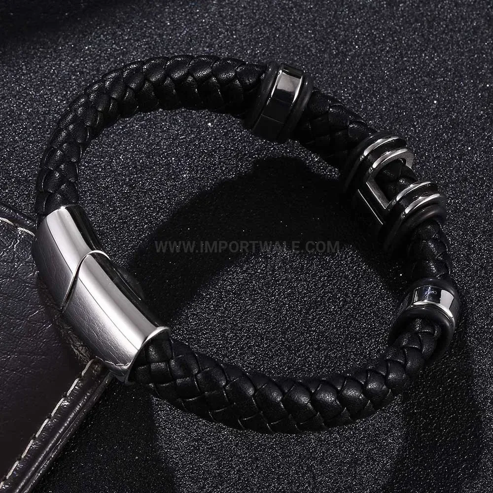 Handcrafted Braided Leather Bracelet with Titanium Steel Accent