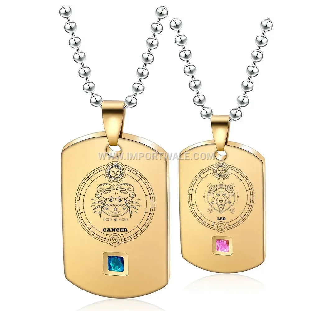 Engraved Stainless Steel Zodiac Tag Layered Pendant Necklace