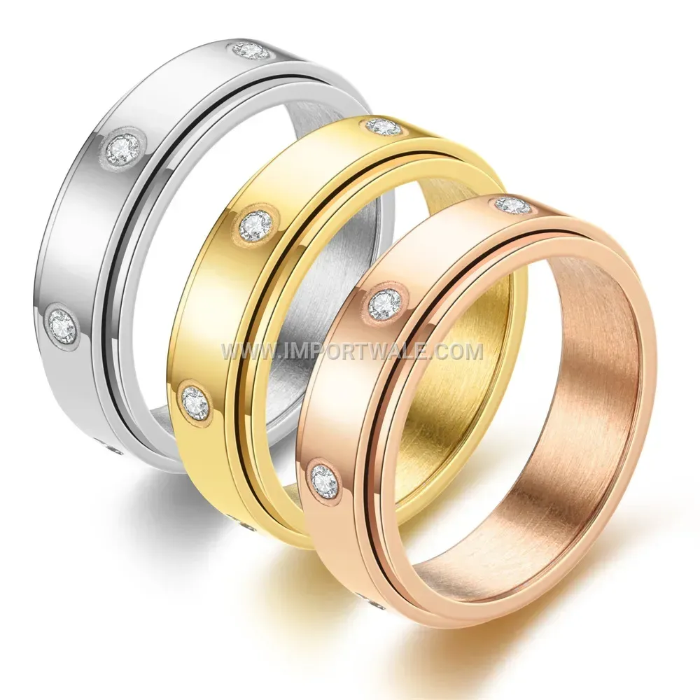 Spinning Zirconia Inlaid Etched Stainless Steel Band Ring