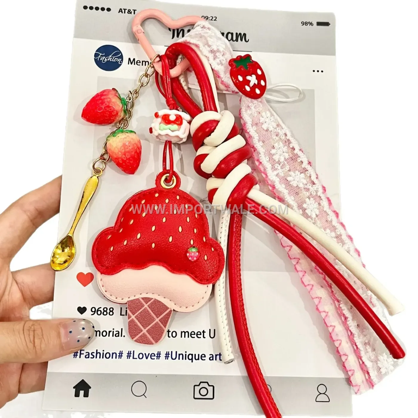 Cute Handmade Leather Strawberry and Fruit Ice Cream Bag Creative Key chains Keyring