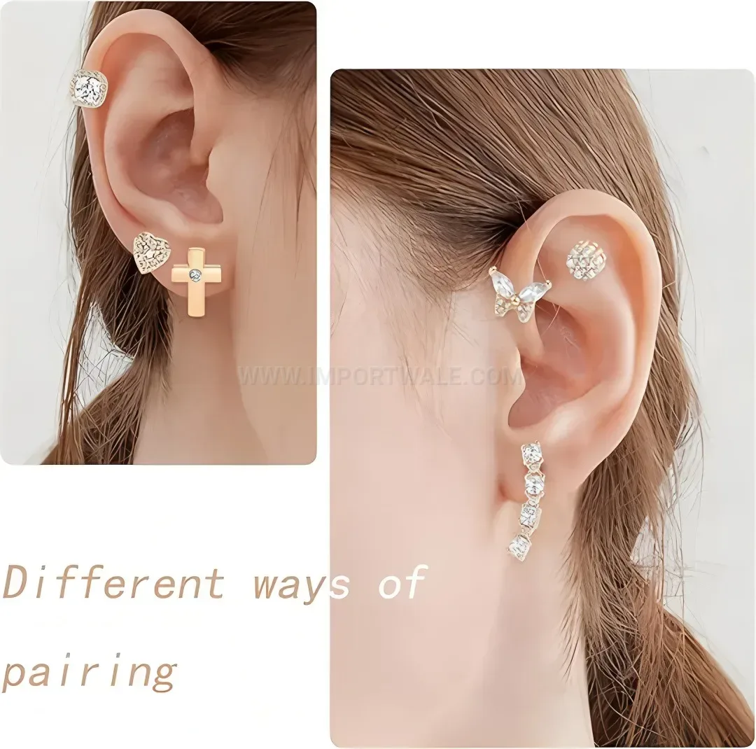 Multi Style Rhinestone Heart Butterfly Cross Stainless Steel Piercing Earring Set