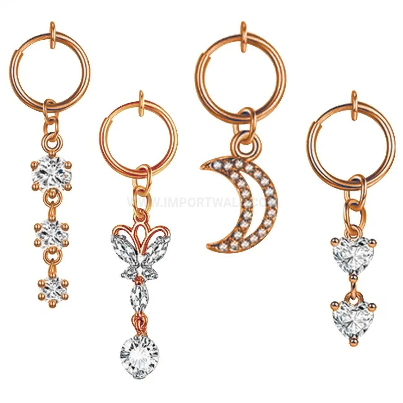 Premium Butterfly Moon Heart Charm Stainless Steel Piercing Ear Hoop Set
