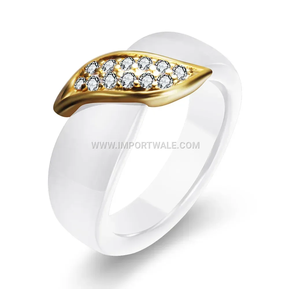 Leaf Motif Rhinestone Ceramic Ring
