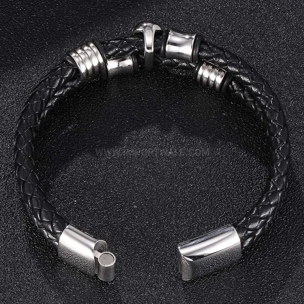 Bold Stainless Steel Skull Accent Braided Leather Bracelet with Magnetic Clasp
