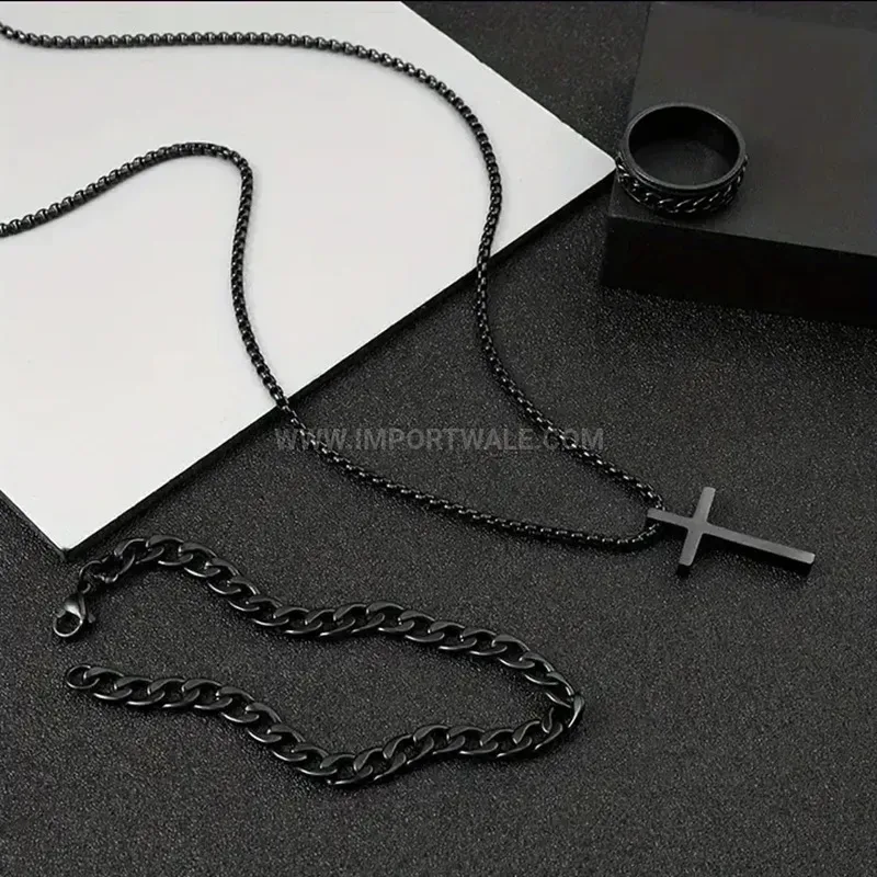 Streetwear Stainless Steel Cross Pendant Three Piece Jewelry Set