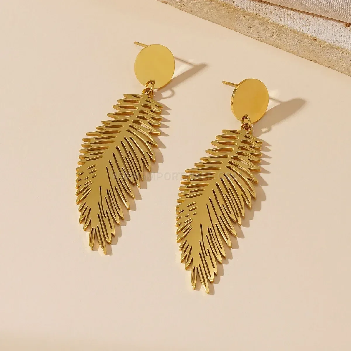 Gold Plated Titanium Steel Statement Feather Drop Earrings