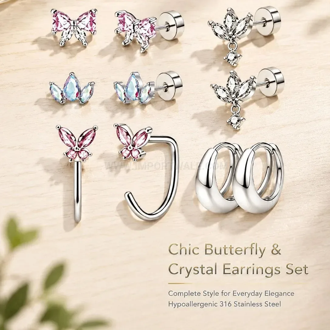 Elegant Pink Floral Cubic Zirconia Flat Back Stainless Steel Earring Set