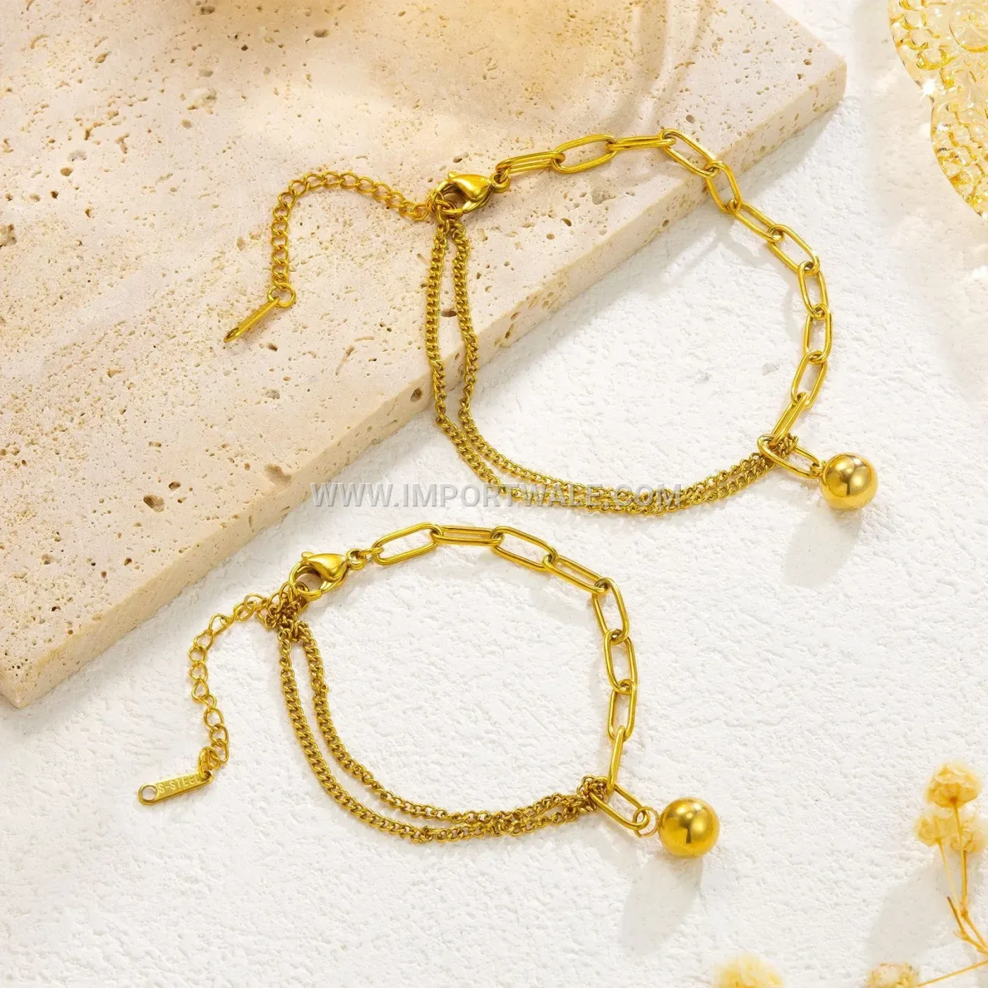 Gold Plated Stainless Steel Metallic Bead Anklet